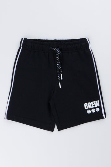 Black Crew Print Fleece Shorts