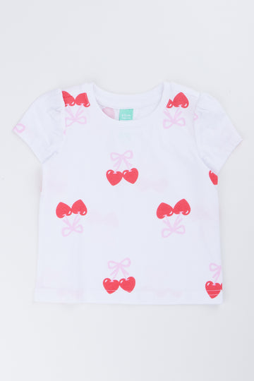 White Cherry Print Puff Sleeve T-Shirt