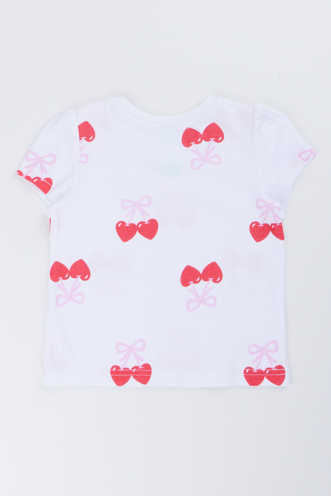 White Cherry Print Puff Sleeve T-Shirt (2)