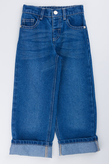 Mid Blue Wideleg Turnup Jean