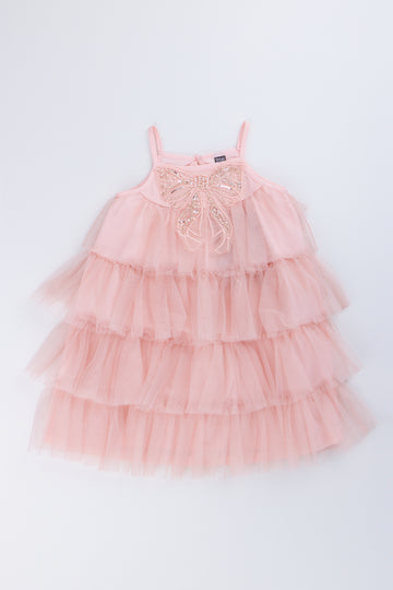 Pink Bow Trim Tulle Dress
