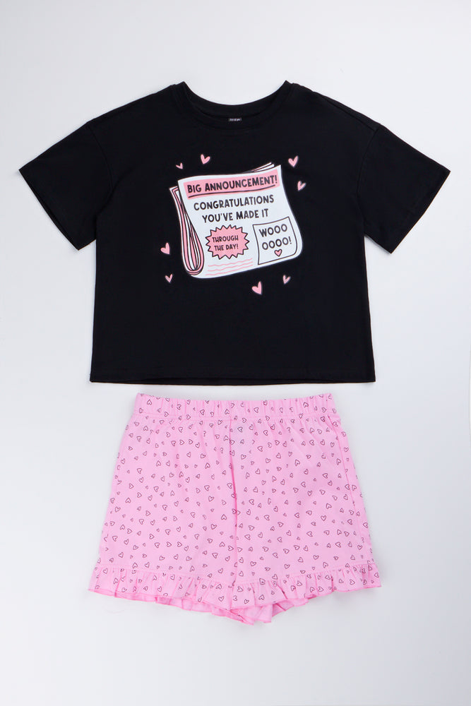 Pink & Black T-Shirt and Shorts Set