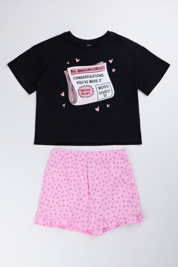 Pink & Black T-Shirt and Shorts Set
