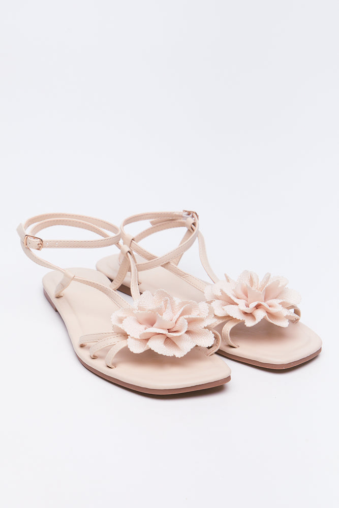 Beige Floral Ankle Strap Sandals