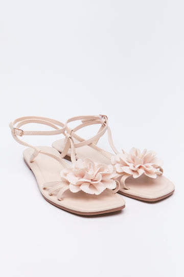Beige Floral Ankle Strap Sandals