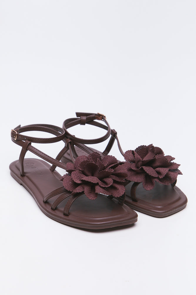 Brown Floral Ankle Strap Sandals