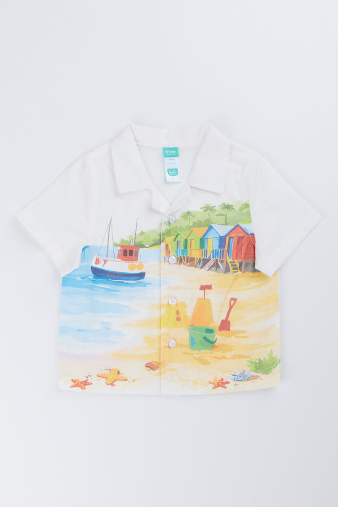 White Beach Print Linen Shirt