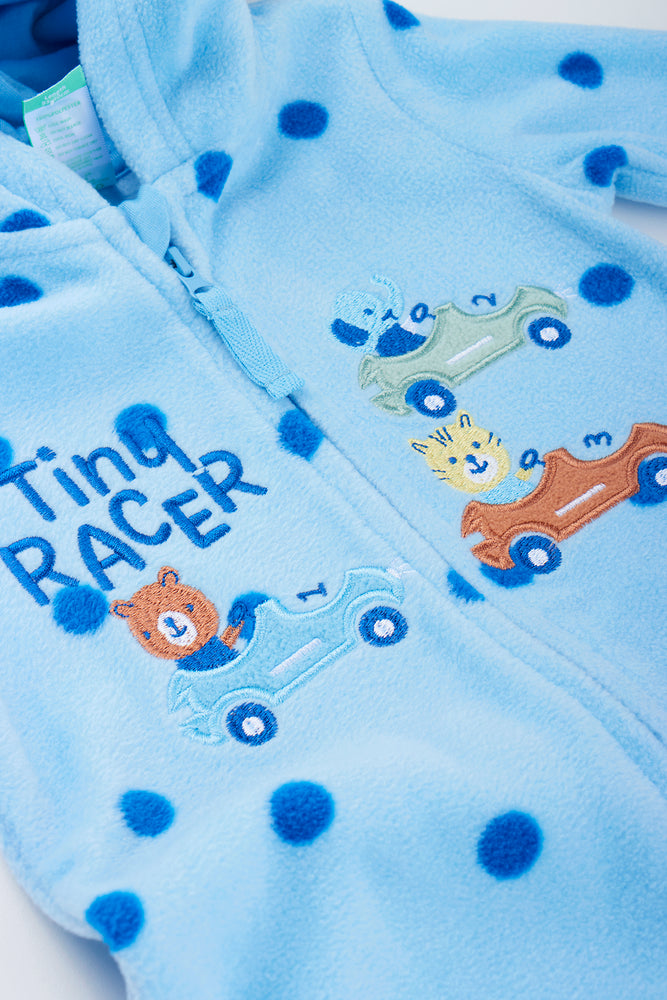 Blue Spotted Microfleece Racecar Jumpsuit (1)