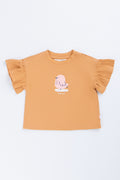 Brown Frill Sleeve Bird T-Shirt