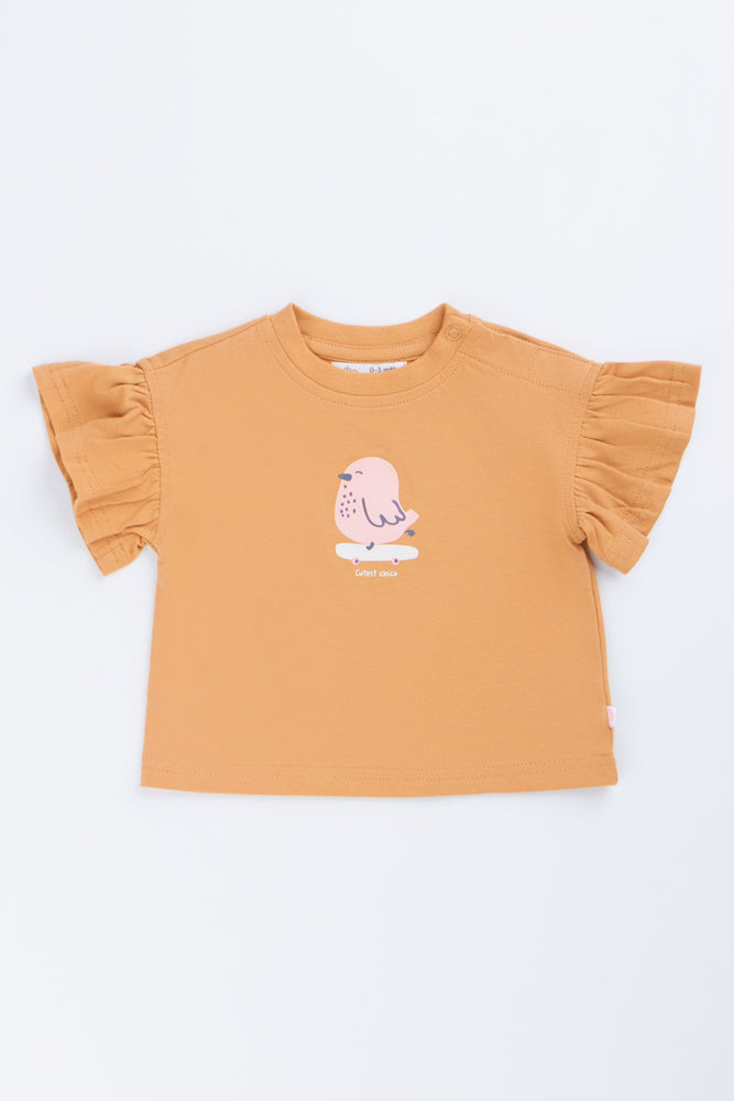 Brown Frill Sleeve Bird T-Shirt
