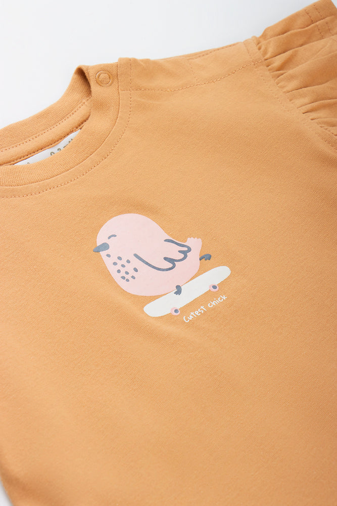 Brown Frill Sleeve Bird T-Shirt (1)