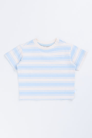 Cream & Blue Striped Cotton T-Shirt