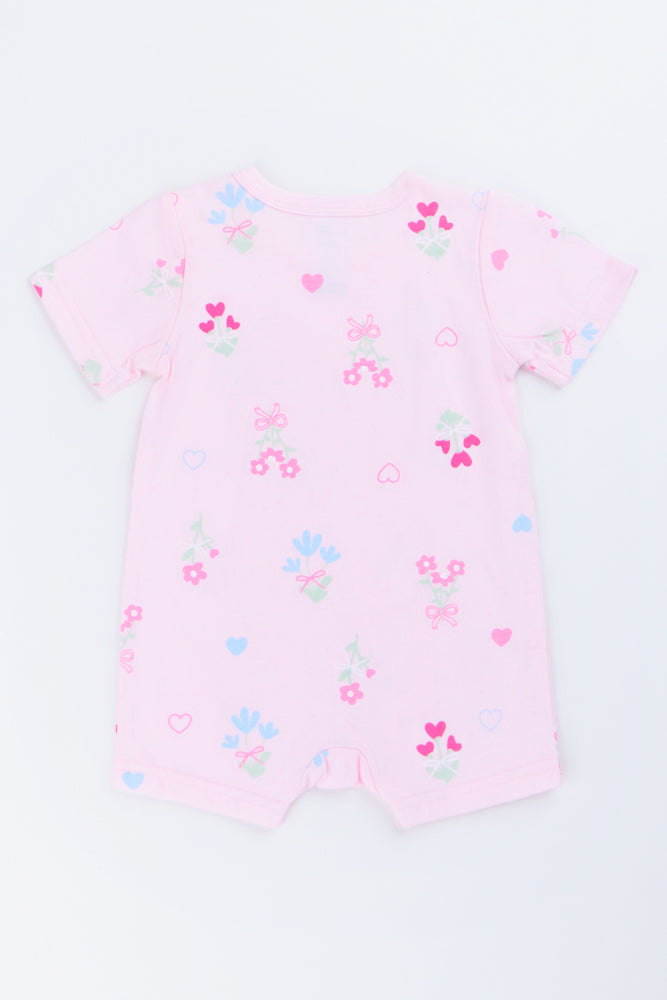 Pink Floral Bow Baby Romper (2)