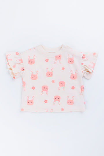 Cream Bunny Print Frill T-Shirt
