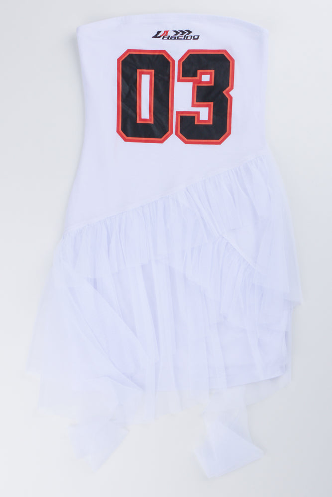 White Graphic Print Ruffle Dress
