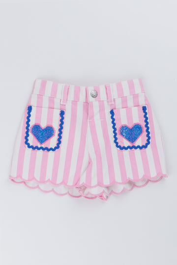 Pink Striped Heart Denim Shorts