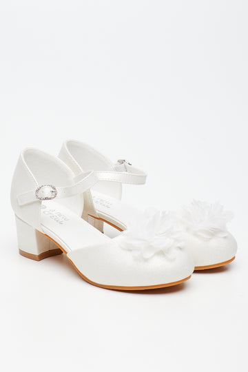 White Floral Embellished Block Heels