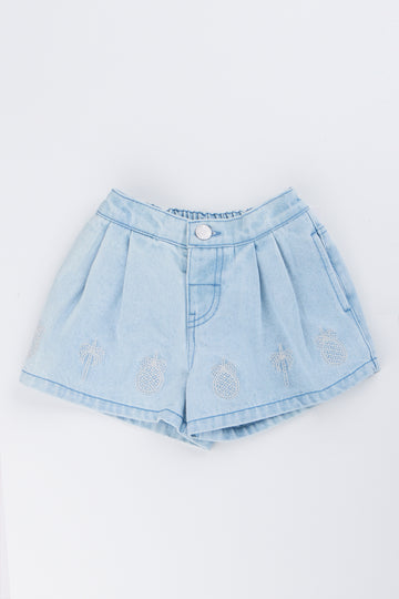 Embroidered Light Wash Denim Shorts