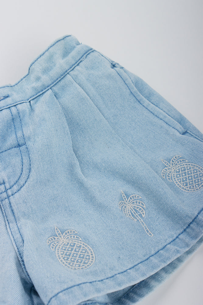 Embroidered Light Wash Denim Shorts (1)