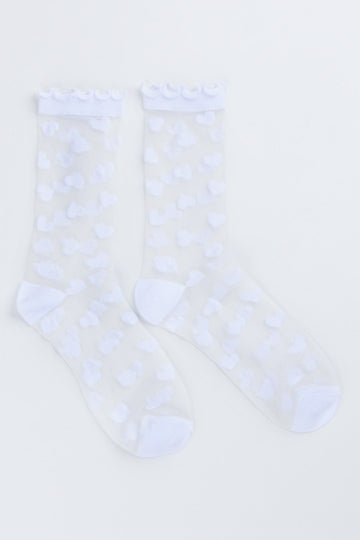 White Sheer Heart Pattern Socks