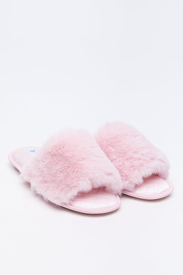 Pink Satin Fur Band Slippers