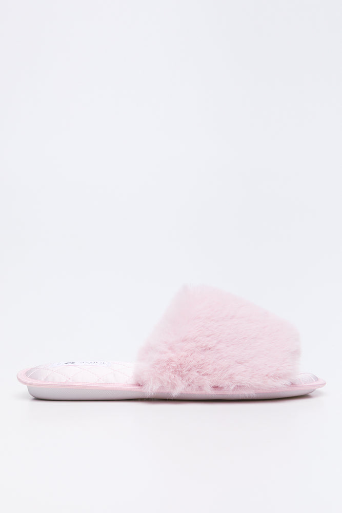 Pink Satin Fur Band Slippers (1)