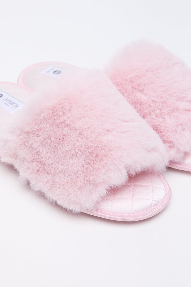Pink Satin Fur Band Slippers (2)