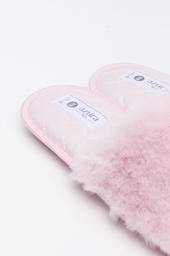 Pink Satin Fur Band Slippers (3)