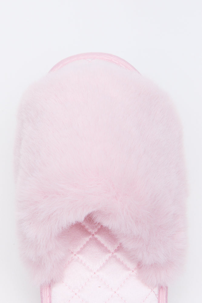Pink Satin Fur Band Slippers (4)