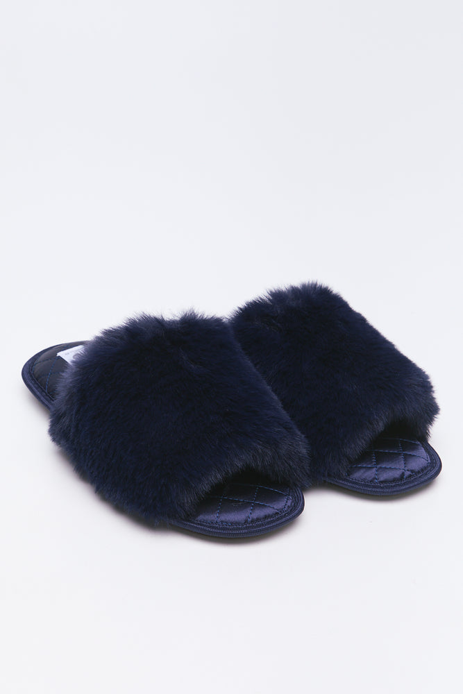 Navy Satin Fur Band Slippers