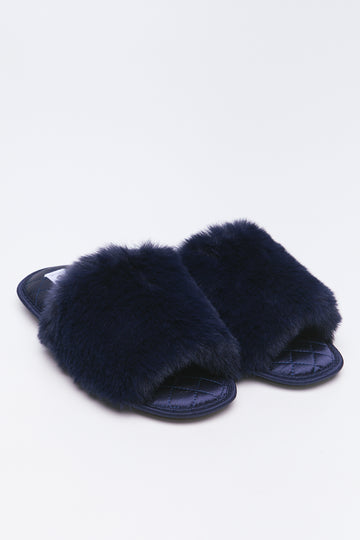 Navy Satin Fur Band Slippers