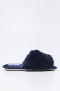 Navy Satin Fur Band Slippers (1)