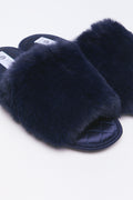 Navy Satin Fur Band Slippers (2)