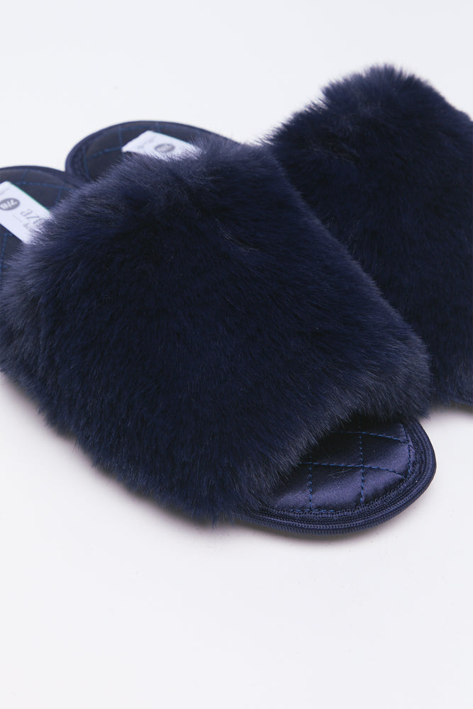 Navy Satin Fur Band Slippers (2)