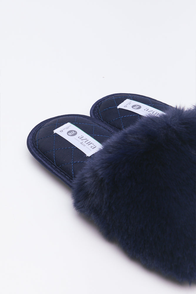 Navy Satin Fur Band Slippers (3)
