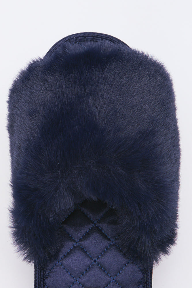 Navy Satin Fur Band Slippers (4)