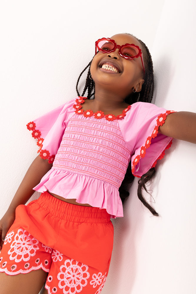 ME&B Pink Floral Smocked Woven Top