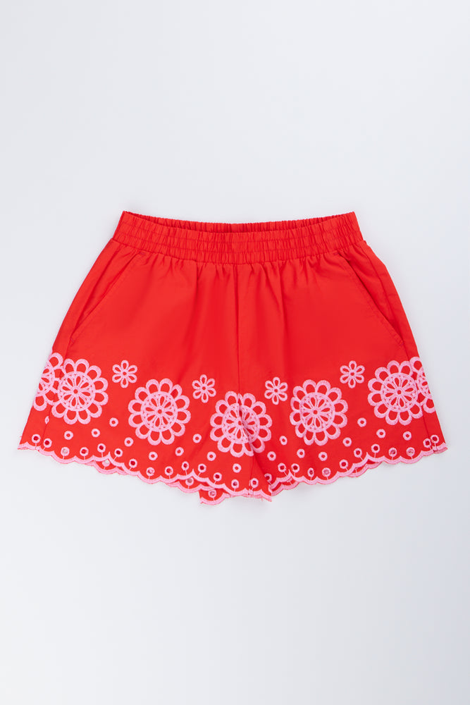 Red Embroidered Floral Woven Shorts