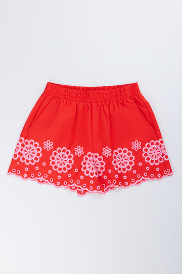 Red Embroidered Floral Woven Shorts