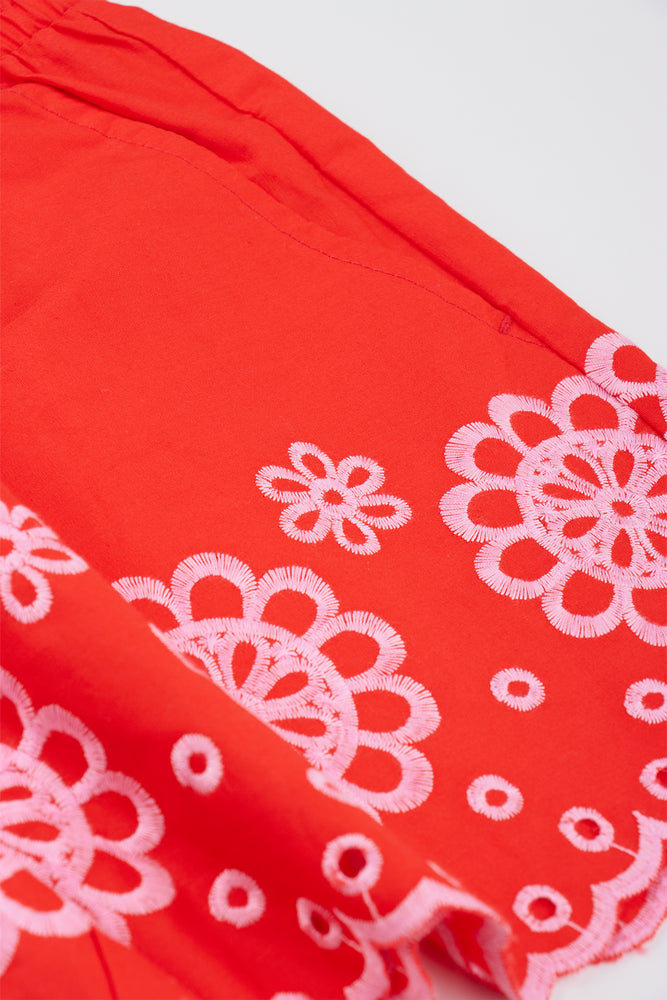 Red Embroidered Floral Woven Shorts (1)