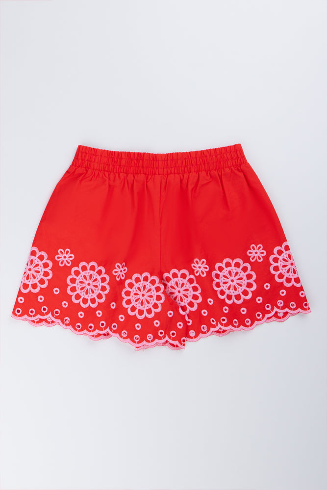 Red Embroidered Floral Woven Shorts (2)