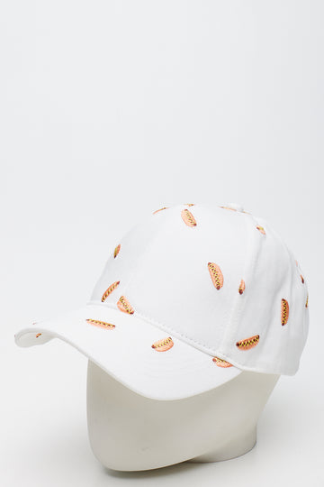 ME&B White Embroidered Hotdog Print Cap