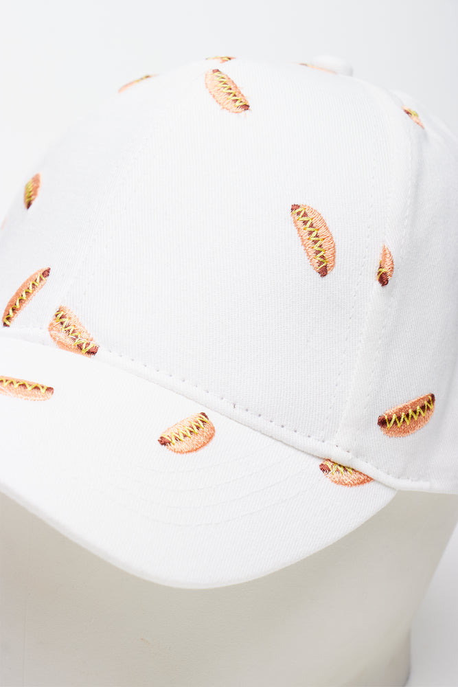 ME&B White Embroidered Hotdog Print Cap (1)