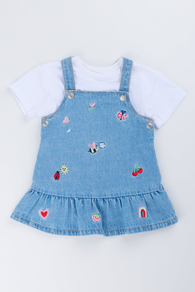 Denim Embroidered Pinafore Dress