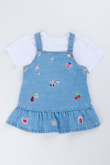 Denim Embroidered Pinafore Dress
