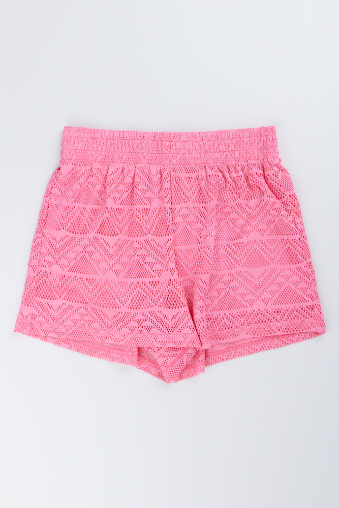 Pink Crochet Style Pull On Shorts
