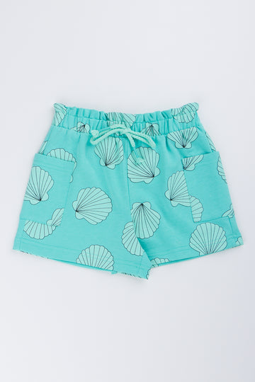 Teal Shell Print Fleece Shorts