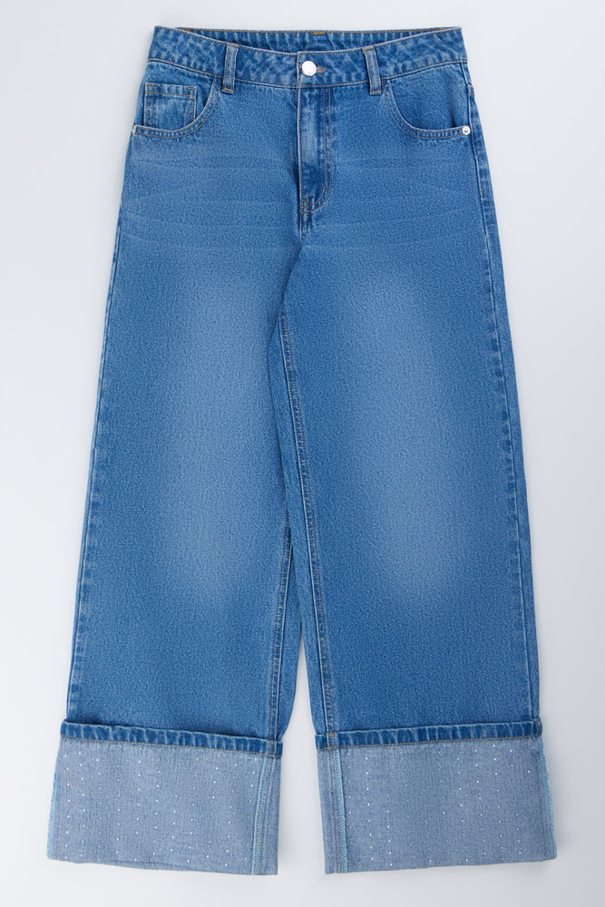Wide Leg Diamante Cuff Jeans