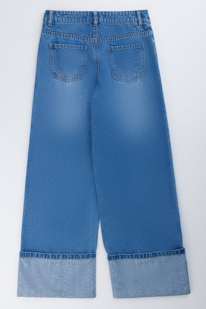 Wide Leg Diamante Cuff Jeans (2)