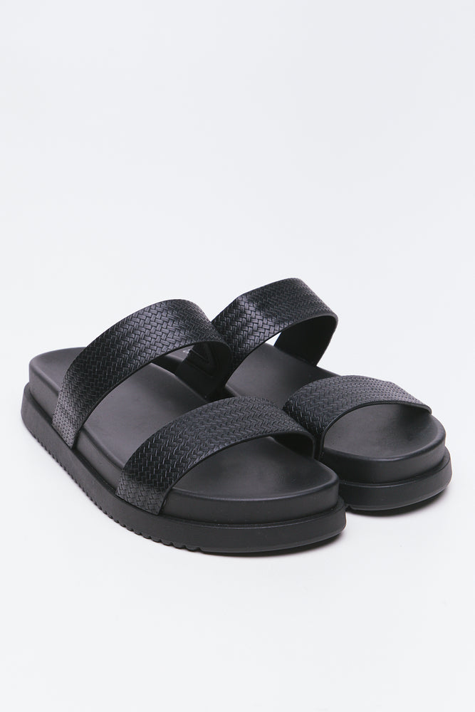 Black Embossed Double Strap Sandals